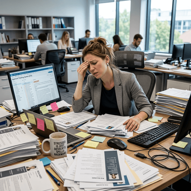Stressed recruiter overwhelmed by resumes representing traditional hiring struggles